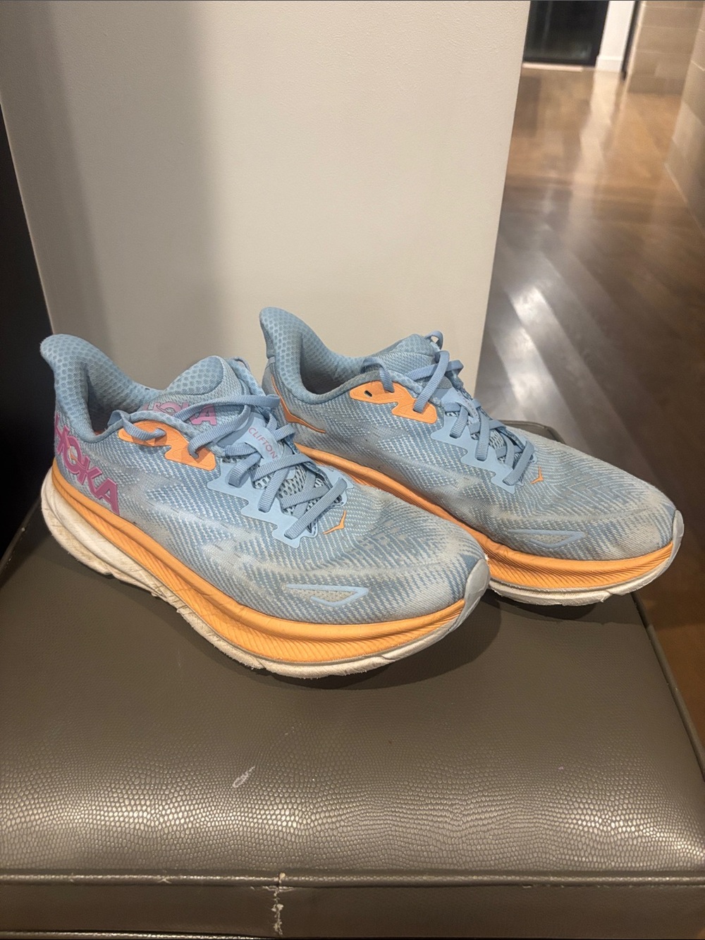 Hoka Women's 9.5 Wide Clifton Light Blue & Orange Running Sneakers